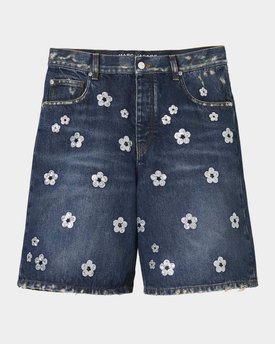 Daisy Sequined Wide-Leg Denim Bermuda Shorts